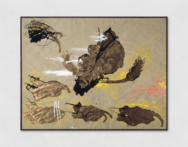 A mixed media work on paper depicting abstract forms resembling organic matter, such as plants and leaves, rendered in gold, black, pink and yellow.