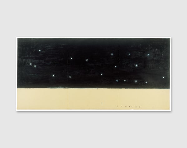 Abstract painting with the inscription “LONTANO” (“FAR AWAY”).