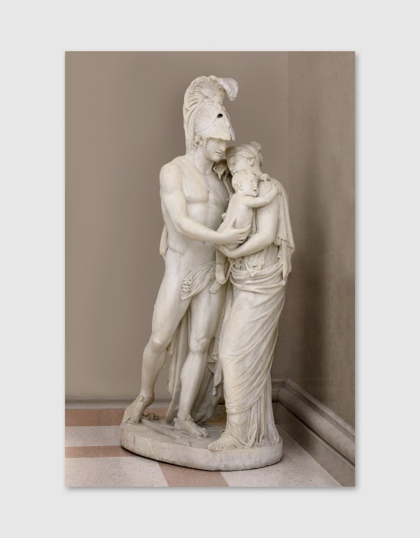 A marble sculpture depicting a scene from the Iliad, a major ancient Greek epic poem attributed to Homer, where the character Hector is saying farewell to his wife Andromache and son Astynax so that he could fight in the Trojan War.