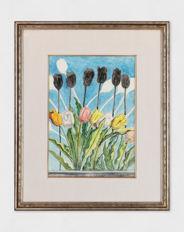 A watercolour painting of tulips and their shadows. The flowers are orange, white, pink and yellow, with green leaves against a blue background. The shadows are first rendered in black and layer more shadows in white.