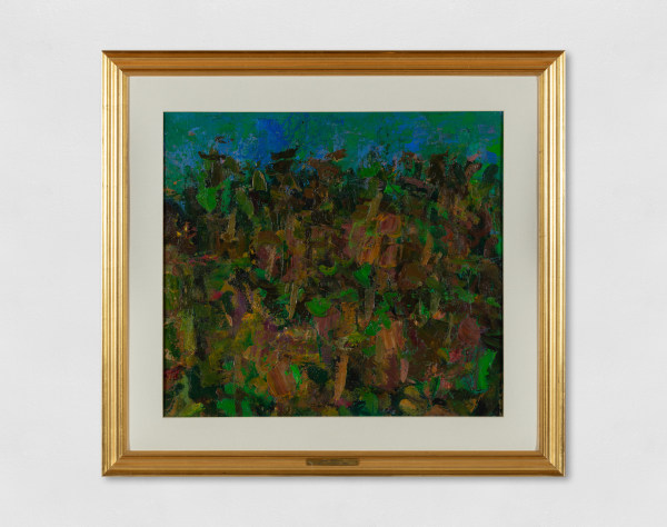 An abstract oil painting of a landscape in green, brown and blue.