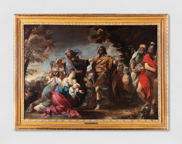 Painting depicting part of Roman history in which Volumnia and her sons stand in front of Coriolanus