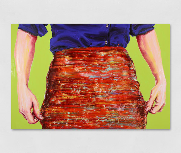 Oil painting of the waist of a person wearing a blue shirt and two arms pinching the sides of a skirt rendered in blurry brushmarks against a lime-green background. Artwork details: Artist: Cornelius Völker. Hände. Date: 2003. Medium: Oil on canvas. Dimensions: 200 x 300 cm.