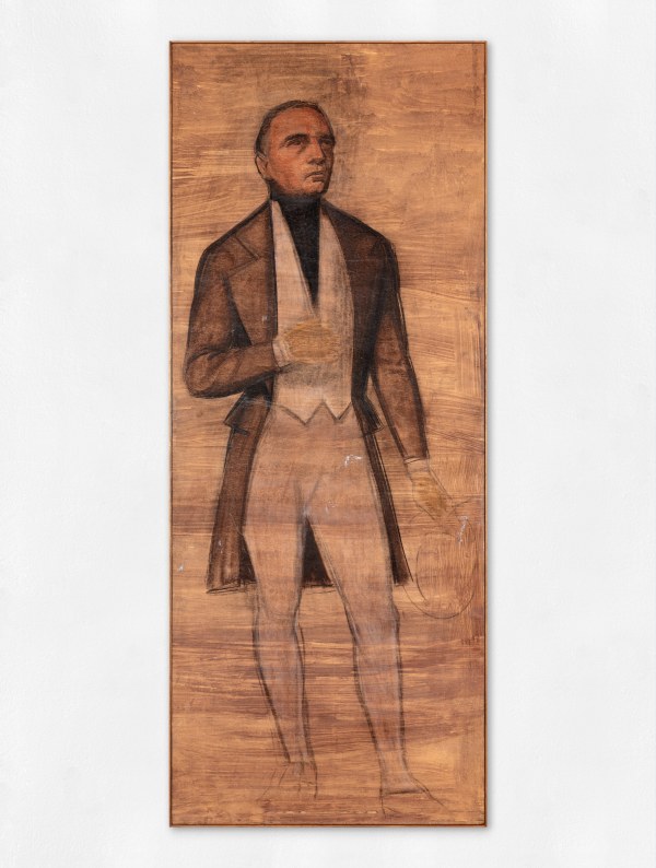 A mixed-media painting of a male figure dressed as a merchant.