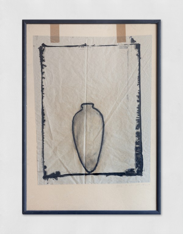 Abstract mixed media painting with vase shape in black and white.