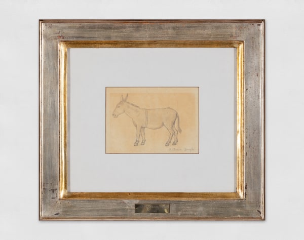 Pencil drawing on paper of a Donkey and a study for the painting Asinello (studio per "Gita in carrozzino"). Artwork details: Artist: Antonio Donghi. Artwork title: Asinello (studio per "Gita in carrozzino"). Artwork date: c.1955. Artwork medium: Pencil on paper. Artwork dimensions: 14 x 20 cm.