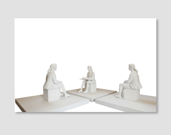 Sculpture depicting three men sitting on three different cubes supported by a platform.