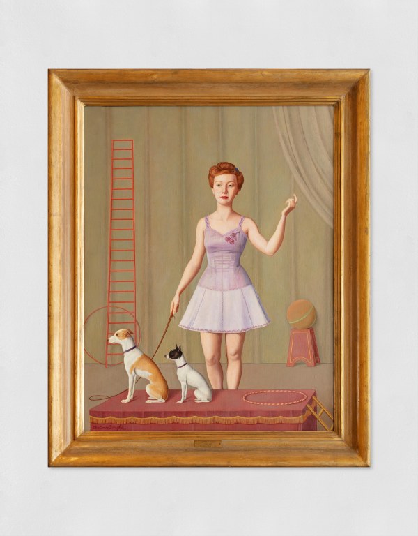An oil painting of a dog trainer in a purple dress and two dogs. Surrounded by a circus-like scene with green curtains, ladder, hoop, ball and red platform with gold tassels.