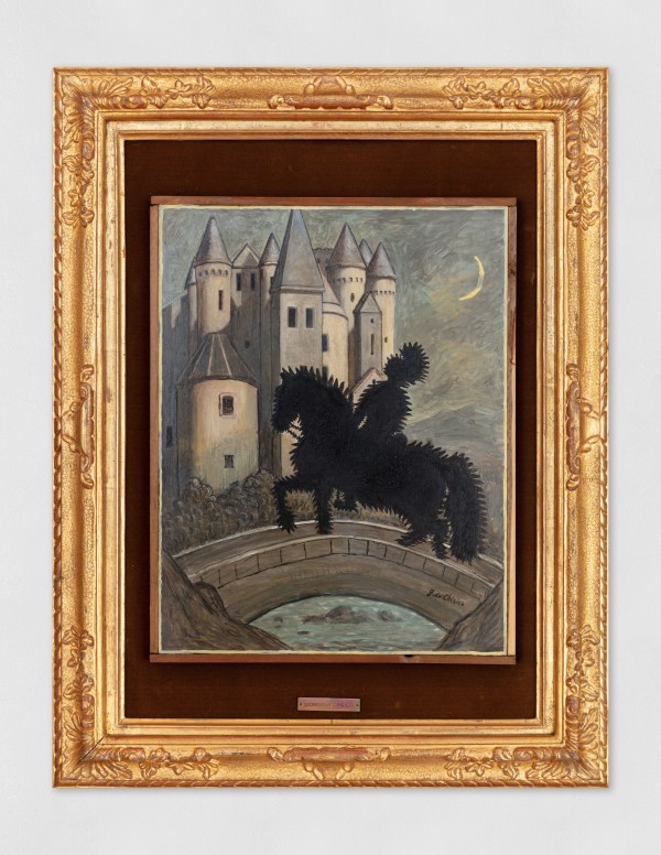 An oil painting of a person in a spiky silhouette riding a horse over a bridge towards a castle in the moonlight.