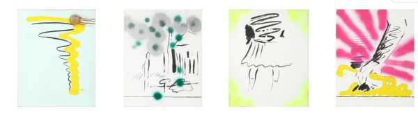 Four abstract drawings with various colors and shapes.