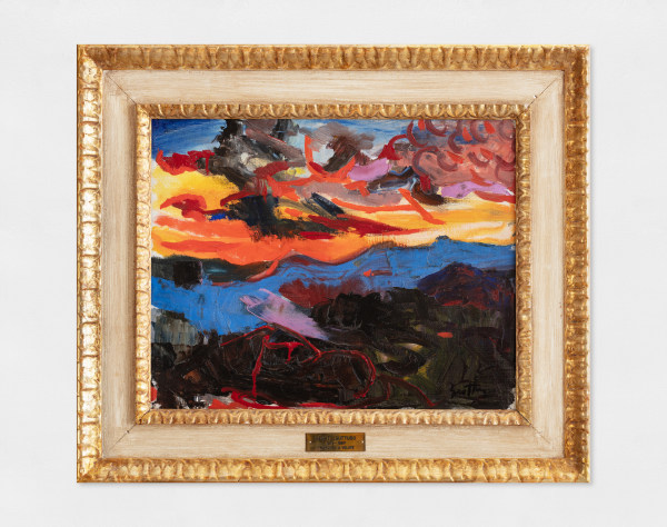 An oil painting of an abstract sunset in Velate in blue, orange, yellow, blue, red and black. Artwork details: Artist: Renato Guttuso. Artwork title: Tramonto a Velate. Artwork year: 1960. Artwork medium: Oil on canvas. Artwork dimensions: 40.1 x 50.3 cm.