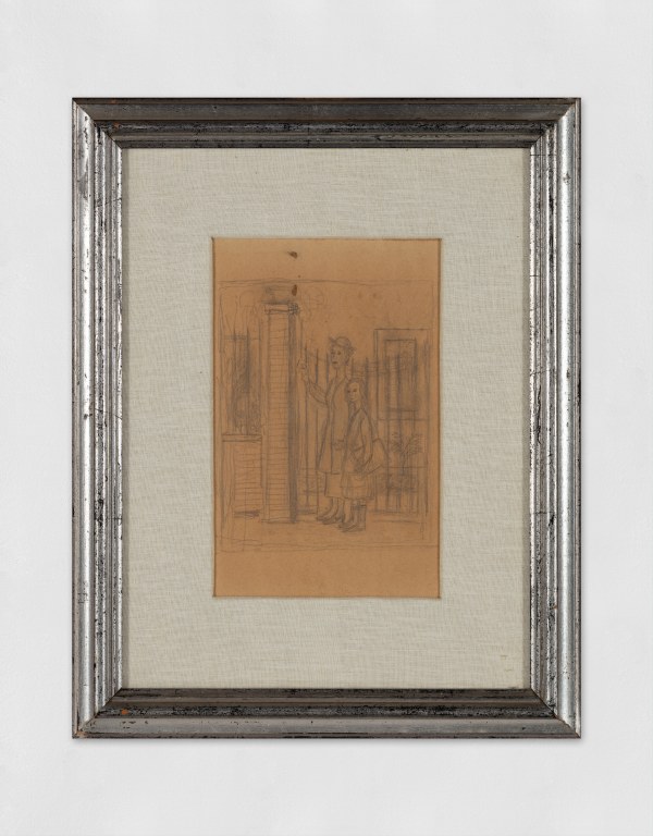 Pencil on paper study for the painting "The Visit". The work depicts two people at a gate.