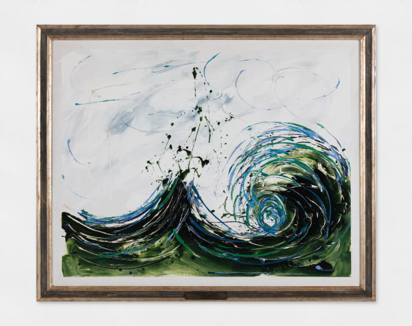 An abstract oil painting that uses fast-paced paint application to capture the movement of crashing waves in blue, green and yellow against a white background.