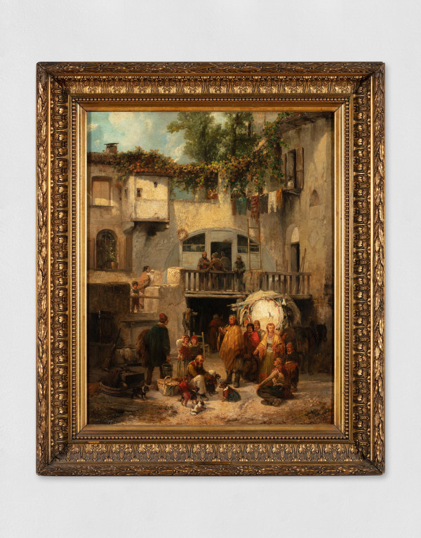 An oil painting on canvas depicting a courtyard filled with people gathered around a male figure alongside a horse, cart, and dogs.