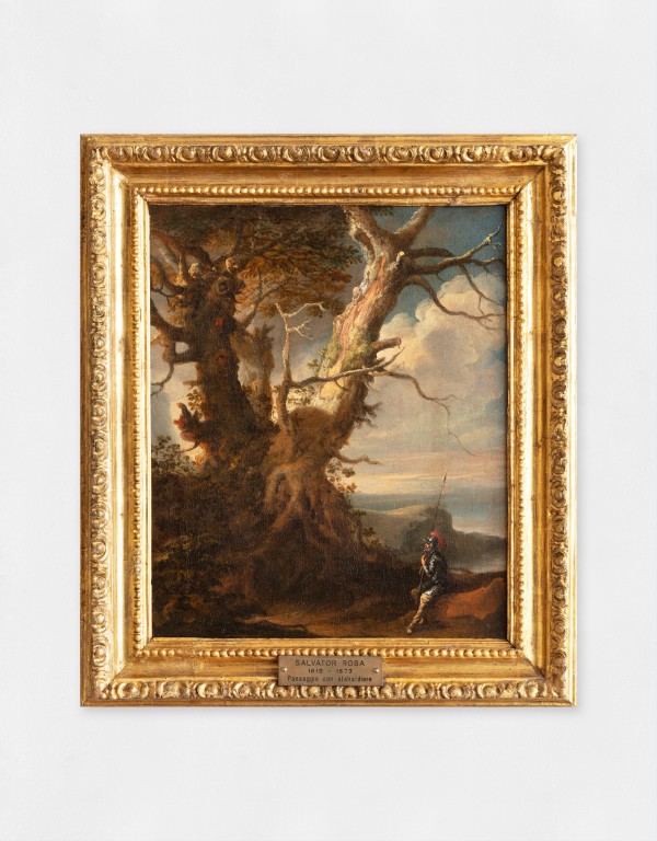 An oil painting of a landscape, a large tree and a soldier with a Halberd.