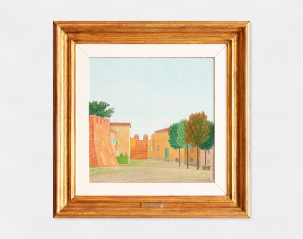 An oil painting of Montecarlo of Lucca showing the castle walls, buildings and trees.