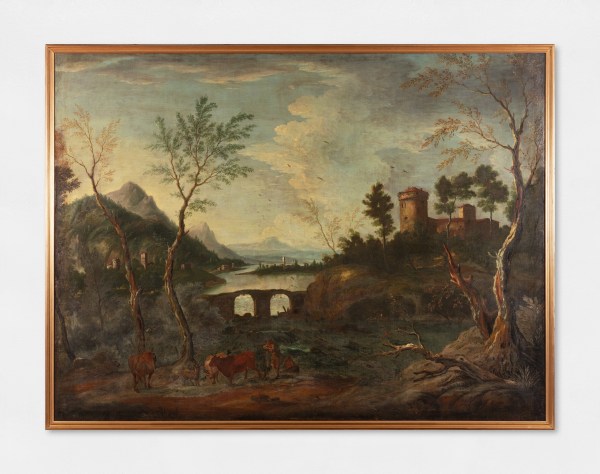 Painting of River Landscape with Bridge