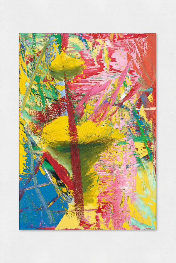 An abstract oil painting in blue, yellow, red, green, pink and black.