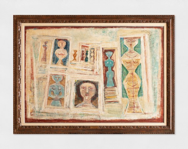 An oil painting that depicts a structure and female figures in a minimalist style. The image is composed of simple, geometric shapes, and the colours used are predominantly creams along with blues, greens and red.