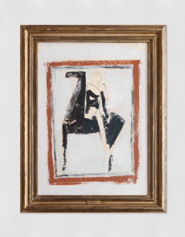 A mixed-media painting of a horse and rider.