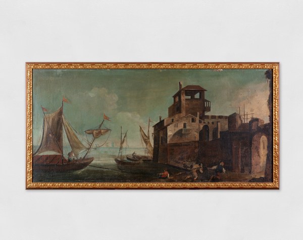 Painting of a landscape with a ship docking