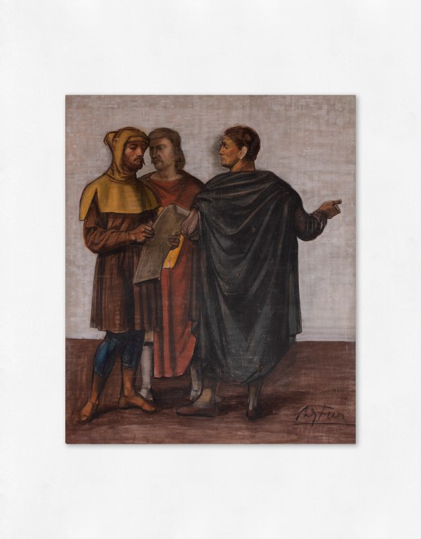 A tempera painting of a group of three male figures dressed as merchants.