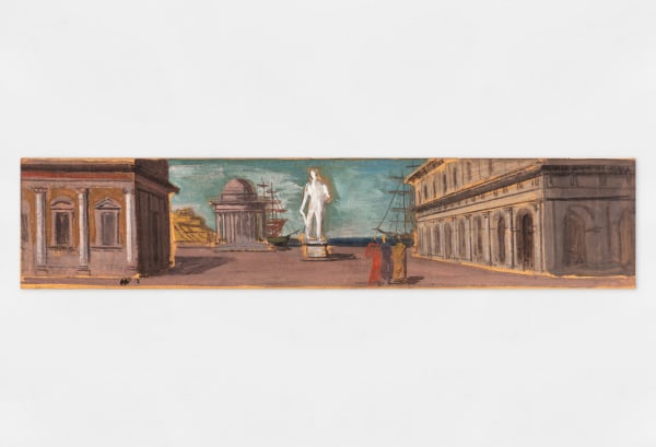 A tempera painting of a Piazza with a monument by the sea.