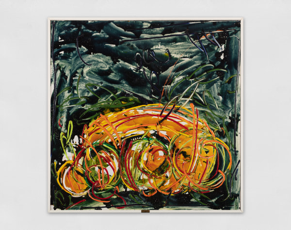 An abstract oil painting that uses fast-paced paint application to capture movement and reverberating fruit clusters in orange and red against a dark blue and green background.