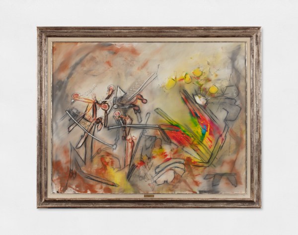 An abstract oil painting in brown, grey, yellow, red, green and blue.