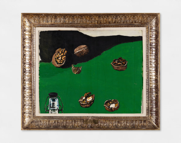 An oil painting of nuts and a bottle on a green and black background.