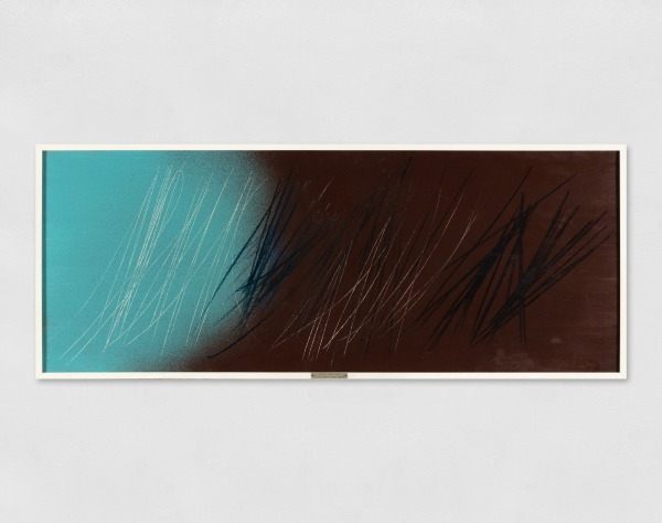 Detail of an abstract oil painting that uses gestural brushstrokes, dynamic black-and-white lines creating a series of intersecting and overlapping shapes set against a bold background in blue and black.