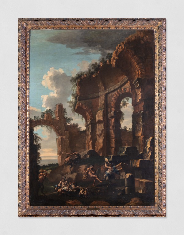 An oil painting of figures dancing among ruins.