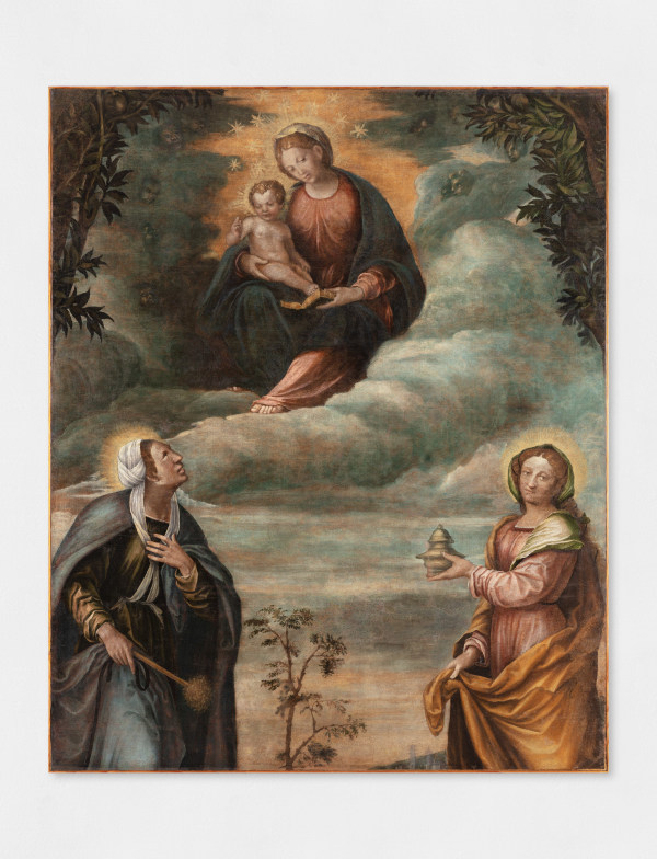 sacred painting depicting the madonna with jesus child and saints