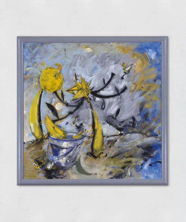 Acrylic abstract painting on canvas in yellow, blue and black.