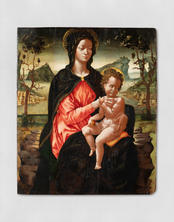 An oil painting of Mary and baby Jesus positioned within a natural landscape. Mary dressed in red with a green cape, holding a nude Christ draped in a delicate cloth.