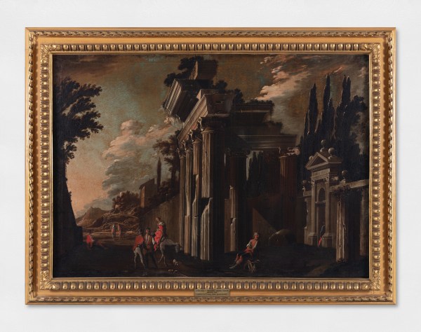 An oil painting of a landscape featuring figures beneath architectural ruins.