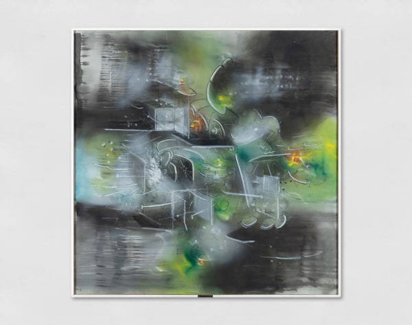 Abstract oil painting in black, green, white yellow and red.