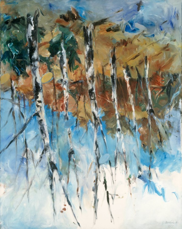 An abstract oil painting of Birch Trees in reverse, with the roots at the top and the tips below. The trees sit in a forest against vibrant blue skies with white clouds.