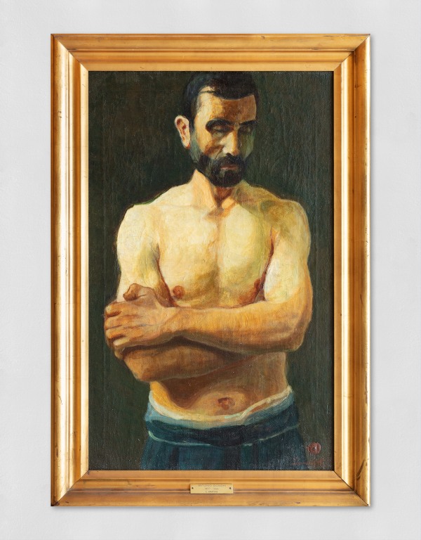 An oil painting portrait of a Miner. The Miner stands topless with arms folded against a dark background.