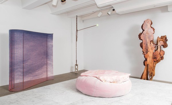 From left, ’Neon Orange and Periwinkle Wall’, by Mimi Jung, 2016; ’Door open to Doubt’ light, by Lindsey Adelman, 2017; ’Falling Rock (Rosequartz)’, by Buro Belén, 2012; and ’Phoenix Rising’ sculpture, by Mira Nakashima, 2017. Photography: David Brandon Geeting