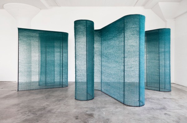 Artist Mimi Jung debuted her “Four Teal Walls” series, a set of screens of natural fibers woven over powder-coated steel, at May’s Collective Design fair.