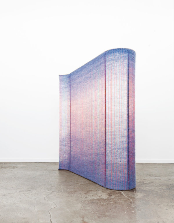 Mimi Jung, Neon Orange and Periwinkle Wall. Natural Fibers and Poly Cords on Steel, 28" x 70" x 78". Courtesy the Artist and Chamber.