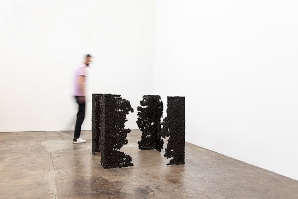 Installation view of Jung’s Black Aluminum Cast Edges, 2019, powder-coated aluminum cast, copyright the artist.