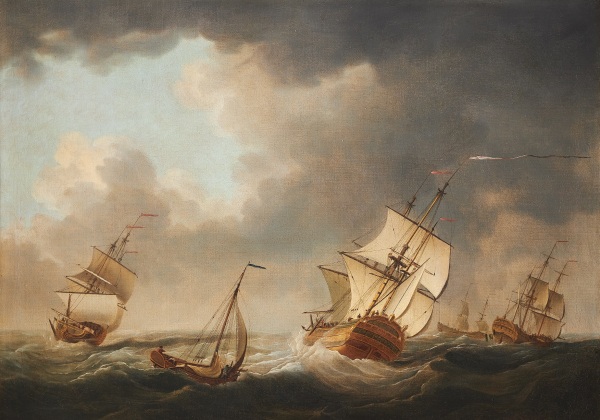 Charles Brooking , Ships in a running sea with a fishing smack in the foreground