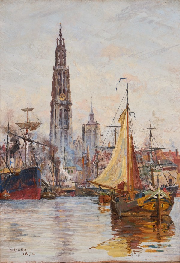 William Lionel Wyllie, RA, Shipping on the Scheldt before the Cathedral of Our Lady, Antwerp