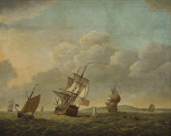 Charles Brooking , A Royal Navy Fourth Rate heeling in the breeze in the Channel, running past the entrance to Plymouth Sound, with other warships and local craft nearby