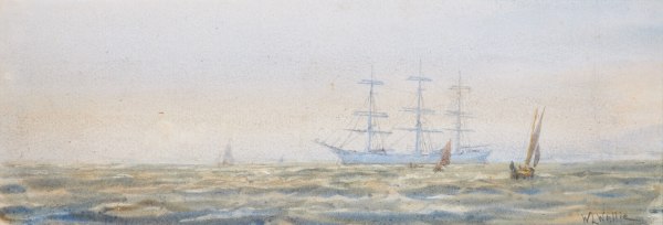 William Lionel Wyllie, RA, Tall ship anchored in the Solent with yachts and fishing boats