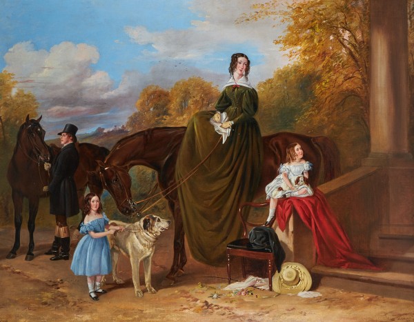 Richard Ansdell , RA, Lady Caroline Harriet Towneley with her daughters Caroline and Emily outside Croxteth Hall