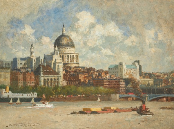 Norman Wilkinson , CBE, SMA, PRWS, RI, St Paul's Cathedral, London from Bankside