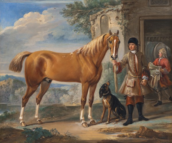 John Wootton , John Shafto of Bavington Hall and Whitworth Hall, Northumberland, holding a hunter, in a landscape, with a groom and stable beyond